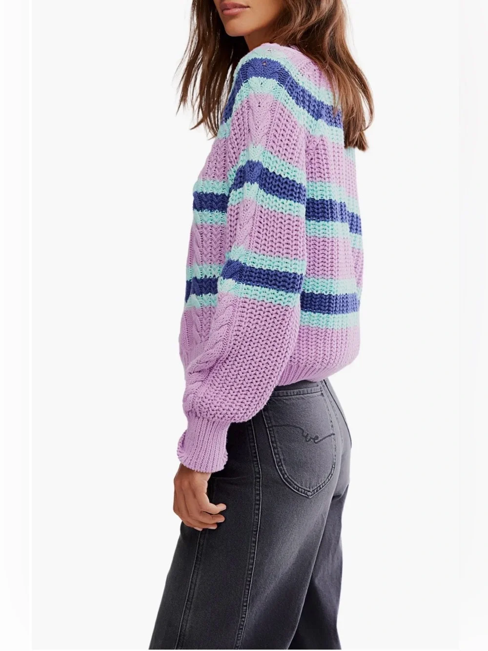 NEW FREE PEOPLE women's frankie cable striped pullover in Lilac combo XS